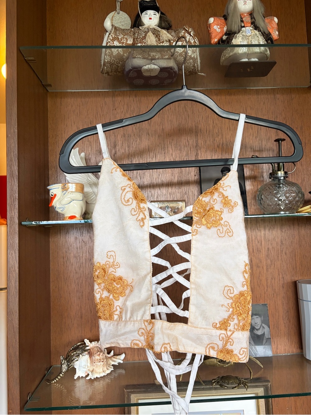 Lace-Up Embroidered Tank Crop Top - White & Gold